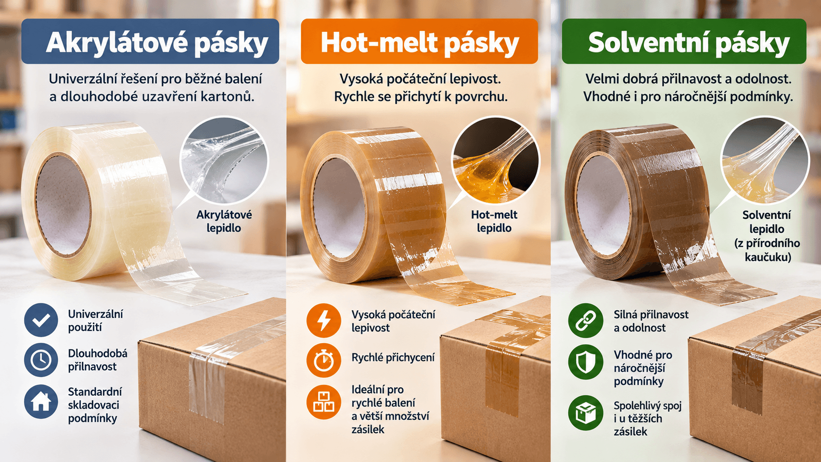 Porovnání akrylátových, hot-melt a solventních lepicích pásek